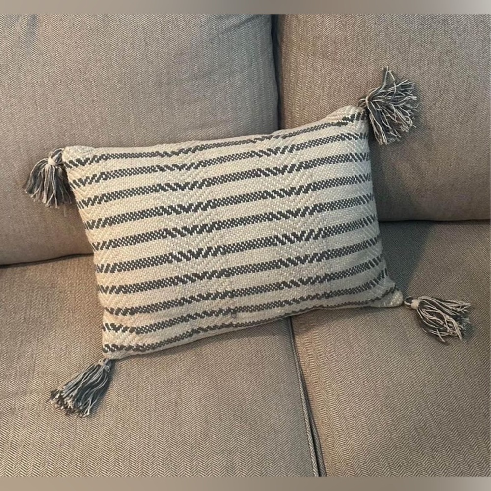 Taupe/neutral & grey stripe pillow with tassels - Celerie keble brand -